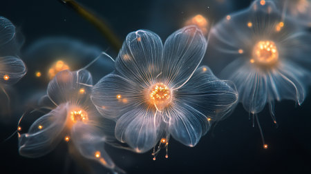 Close-up of a beautiful white flower in the night light.の写真素材