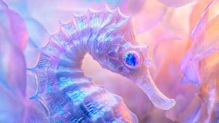 Close up of a seahorse in blue and pink neon light
