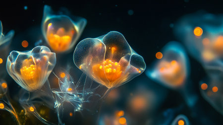 Macro shot of a group of floating jellyfish on a dark backgroundの写真素材