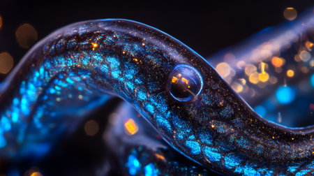 Close up of blue and purple water droplets on a snake skin