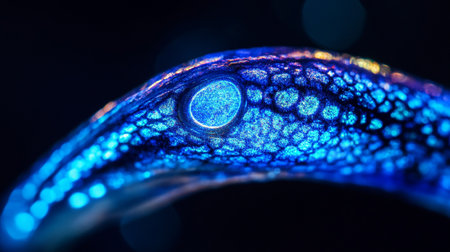 close up of blue gecko eye on black background with bokehの写真素材