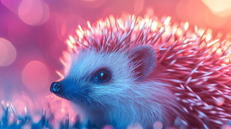 Hedgehog on a background of colorful bokeh lights.の写真素材
