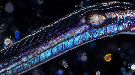 Close-up of a fish tail on a black background. Macro