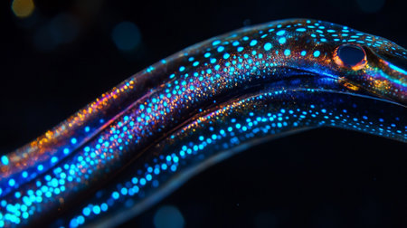 Close up of a blue and purple electric cable in the dark.の写真素材