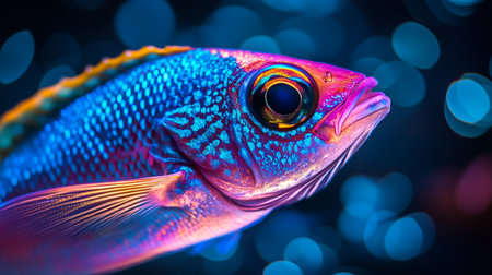Close-up of a beautiful colorful tropical fish on a dark background.の写真素材