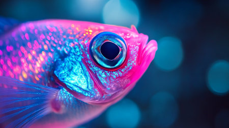 Close up of a colorful fish in aquarium with bokeh backgroundの写真素材