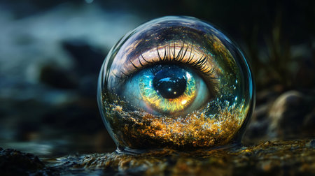 Crystal ball with human eye in water. 3D illustration. Selective focus.
