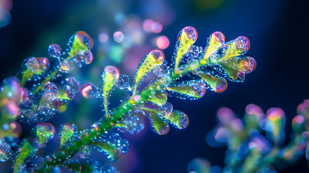 Close up of water drops on a green leaf in the morning.