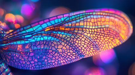 Macro photo of dragonfly wing on colorful bokeh backgroundの写真素材