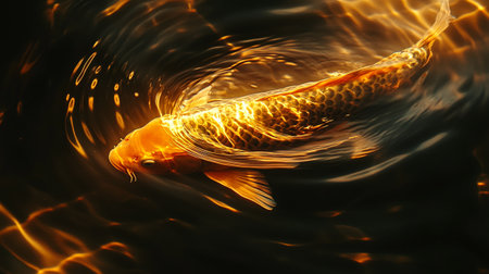 golden koi fish in water on a black background. 3d renderingの写真素材