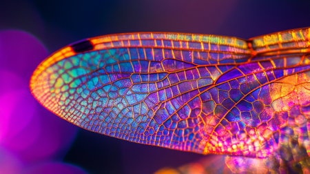 Macro photo of a dragonfly wing on a colorful background.の写真素材