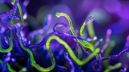 Macro shot of green and purple seaweed with water dropletsの写真素材