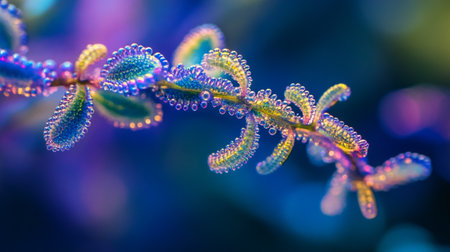 Macro close up of dew drops on a branch of a plantの写真素材