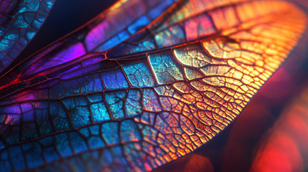 Macro photo of a dragonfly wing, illuminated by the sun