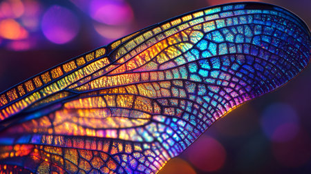 Macro photo of dragonfly wing with colorful bokeh backgroundの写真素材