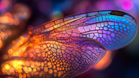 Macro photo of dragonfly wings on colorful bokeh background