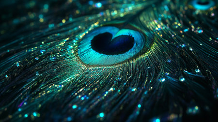Beautiful peacock feather close-up macro photo with bokeh background