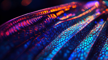Macro closeup of dragonfly wings in blue and purple light