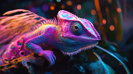 Colorful chameleon in neon light. Close up of chameleon.の写真素材