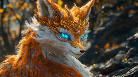 Close-up of a red fox with bright blue eyes in the forestの写真素材