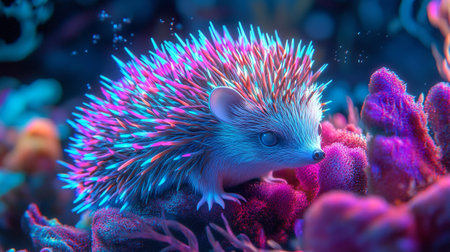 Hedgehog in aquarium. Colorful underwater world with corals and tropical fish.の写真素材