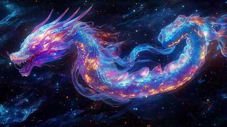 Colorful dragon in space. Fantasy fractal texture. Digital art. 3D rendering.の写真素材