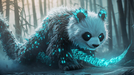 Fantasy illustration of a giant panda in a fantasy forest.の写真素材