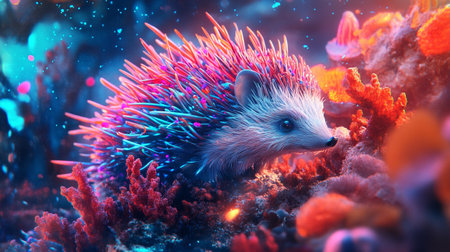 Hedgehog on coral reef. Underwater world. 3d renderの写真素材