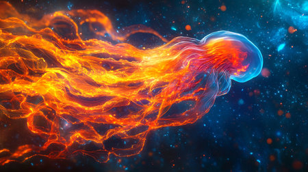 Fiery jellyfish in deep space. 3D illustration. Abstract background.の写真素材