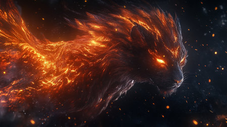 Fractal 3D Illustration of a Lion with fire.の写真素材