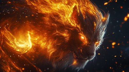 Fiery cat on a dark background. 3d rendering, 3d illustration.の写真素材