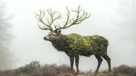 Majestic red deer stag with antlers standing in a foggy forest.の写真素材