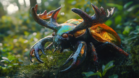 Close-up of stag beetle with antlers in the forest.