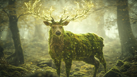 Deer in the forest. Fantasy forest. 3D rendering.