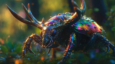 Fantasy stag beetle on green moss in forest. 3d rendering
