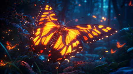 Butterfly in the forest at night. Colorful butterfly in the forest.の写真素材