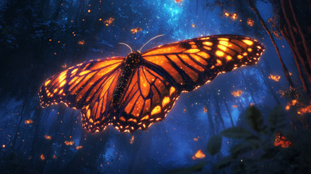 Butterfly in the night forest. Colorful butterfly in the forest.の写真素材