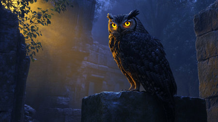 Owl sitting on the stone and looking at the camera. 3d renderingの写真素材
