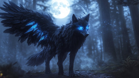 3d rendering of a black wolf in a dark forest at night