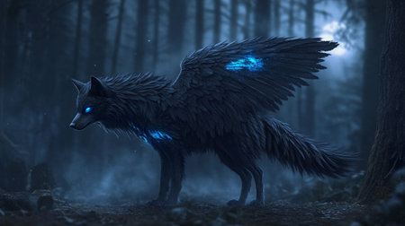 Black wolf in the dark forest with blue light. 3D renderingの写真素材
