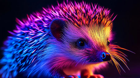 Hedgehog on a dark background in neon light. Close-up.の写真素材