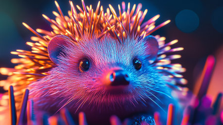 Cute little hedgehog with colorful lights in the background.の写真素材