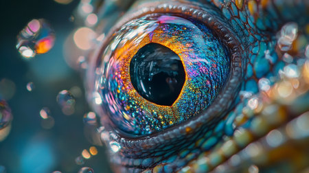 Close up of eye of a chameleon with colorful iridescent iridescent reflectionの写真素材