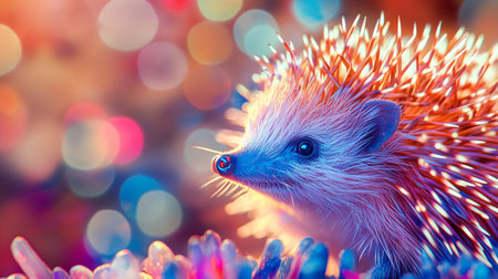 Hedgehog with bokeh background. Colorful bokeh background.の写真素材