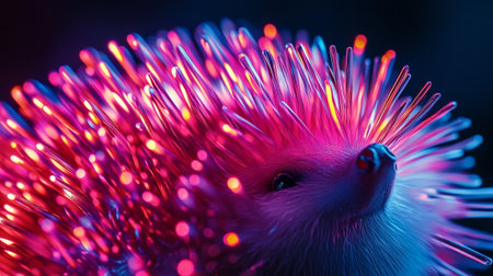 Close-up of a cute little hedgehog with bright neon lights.の写真素材