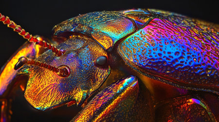 Close-up of a golden beetle on a black background. Macroの写真素材