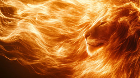 Lion head on fire background. Close-up of lion head.