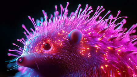 Hedgehog in neon light. 3D rendering. Computer digital drawing.