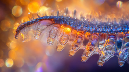 Macro closeup of water droplets on a fern leaf