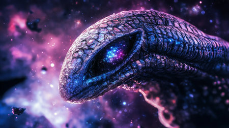 3D illustration of an alien in space with stars and nebulaの写真素材